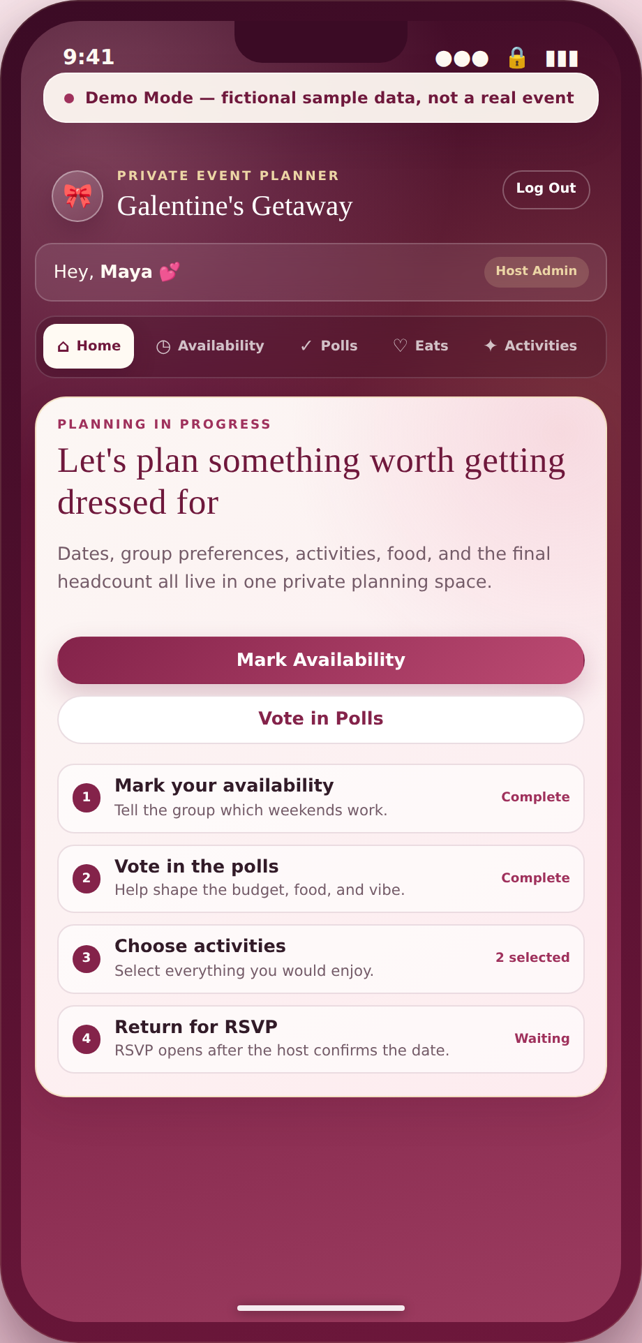 Phone-frame screenshot of the Galentine's-style planning app Home screen, showing a welcome card with a numbered planning checklist and fictional progress statuses.