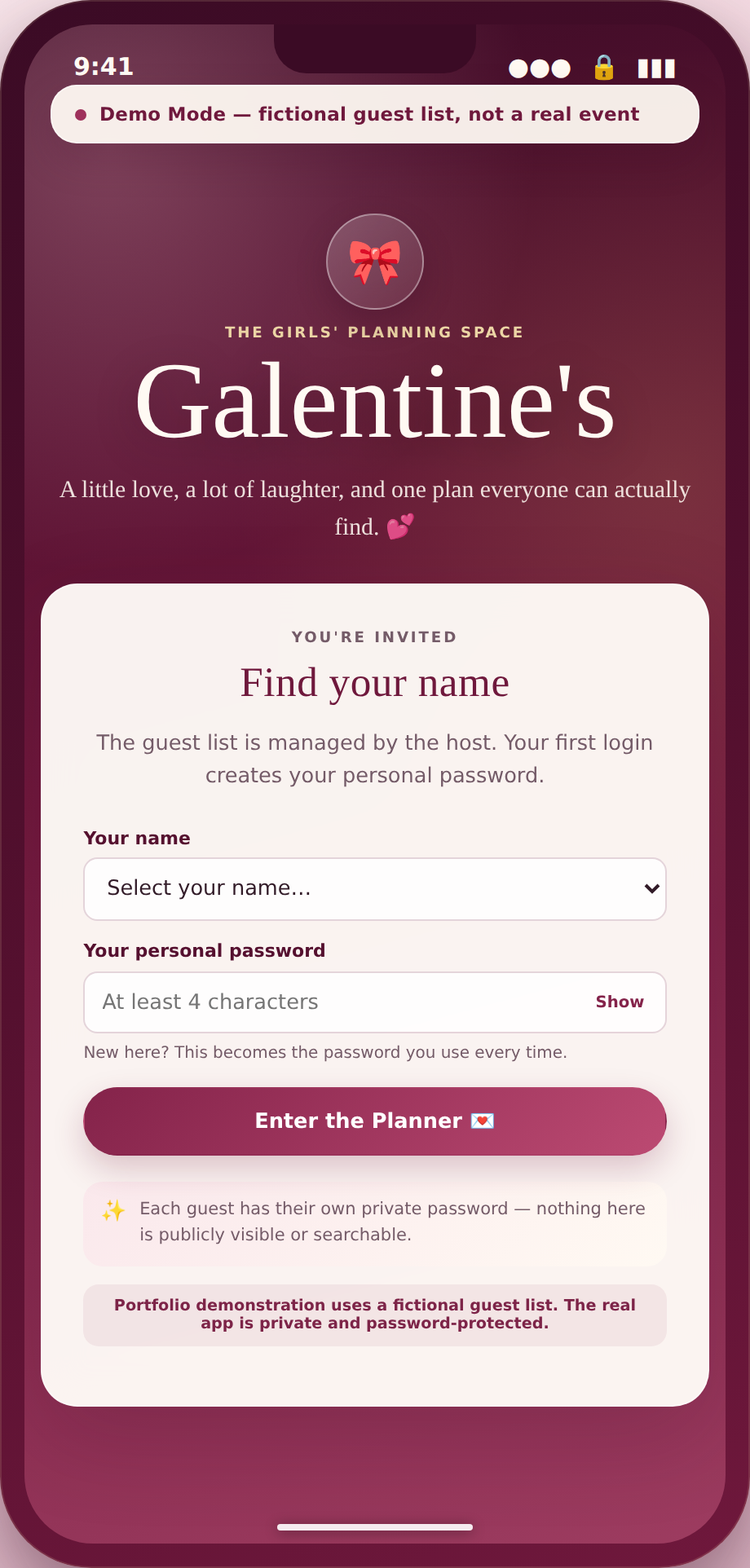 Phone-frame screenshot of the private guest login screen, showing a fictional guest-name selector and password field.