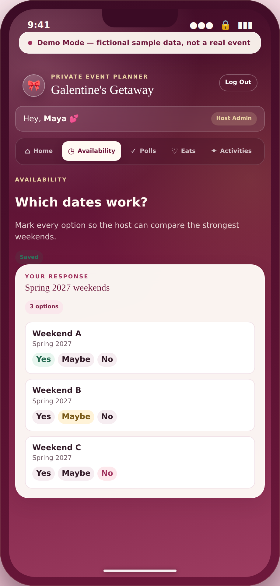Phone-frame screenshot of the availability voting screen showing fictional candidate weekends with Yes, Maybe, and No selections.