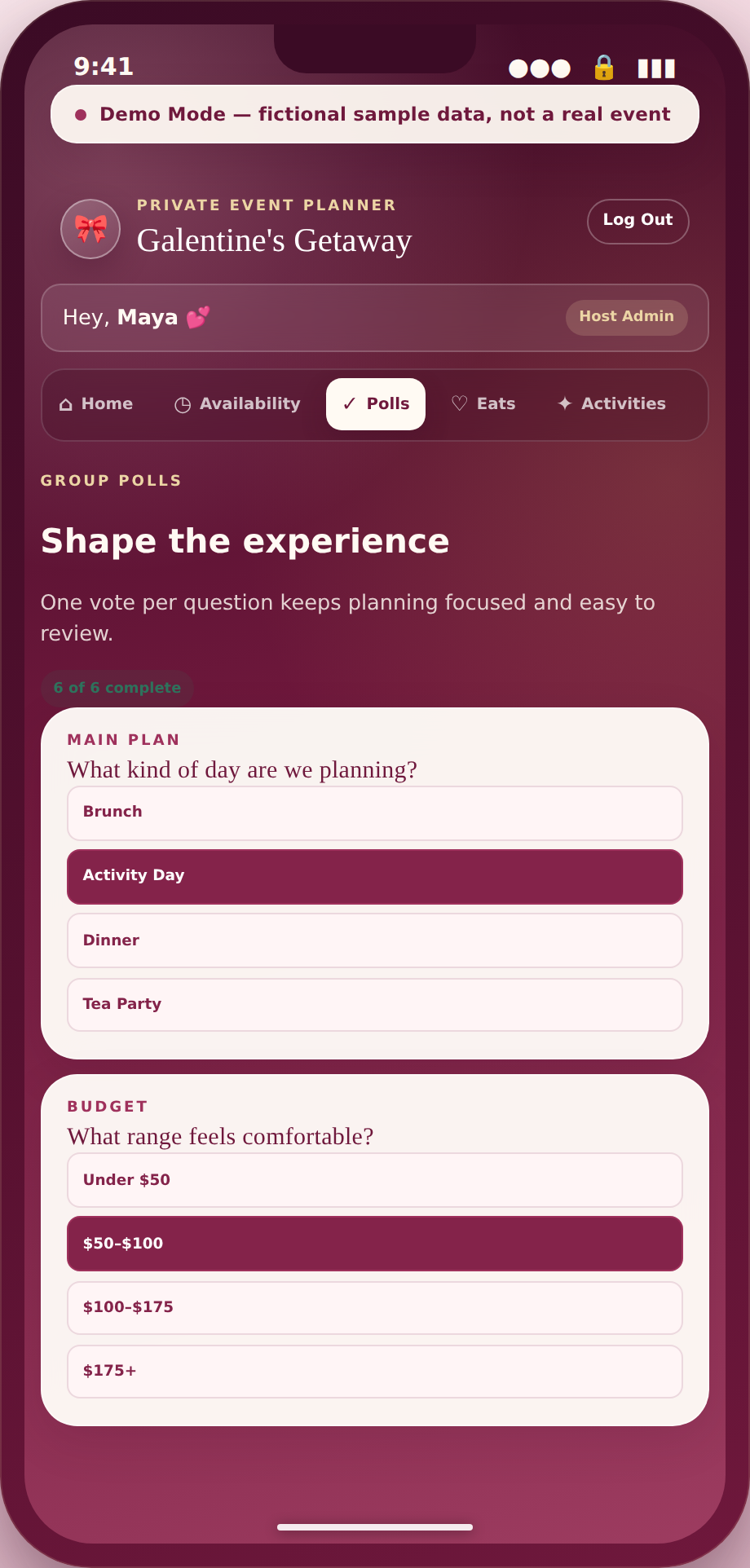 Phone-frame screenshot of the group polls screen showing selected poll options with fictional guest responses.