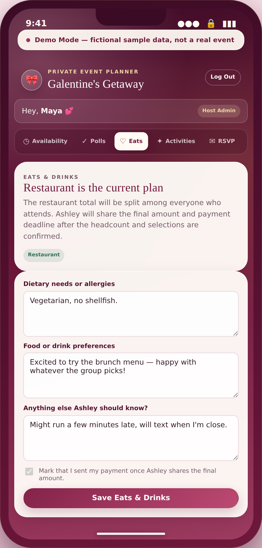 Phone-frame screenshot of the Eats & Drinks screen showing fictional dietary notes and group food-planning responses.