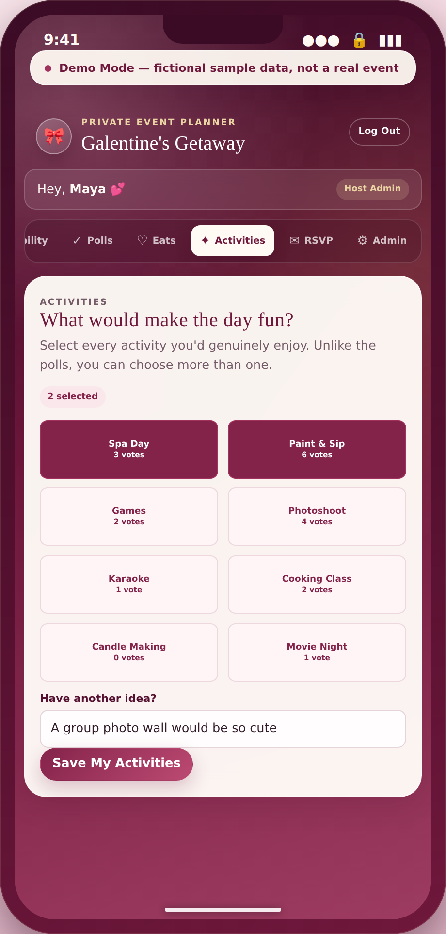 Phone-frame screenshot of the activities voting screen showing a grid of fictional activity options with vote counts.