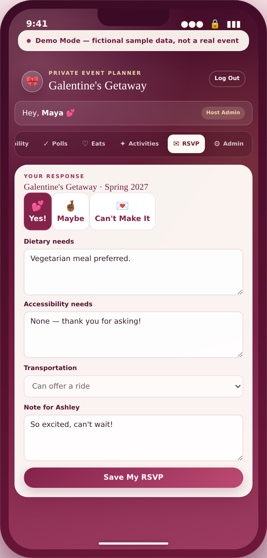 Phone-frame screenshot of the final RSVP form showing fictional attendance, dietary, accessibility, and transportation fields.
