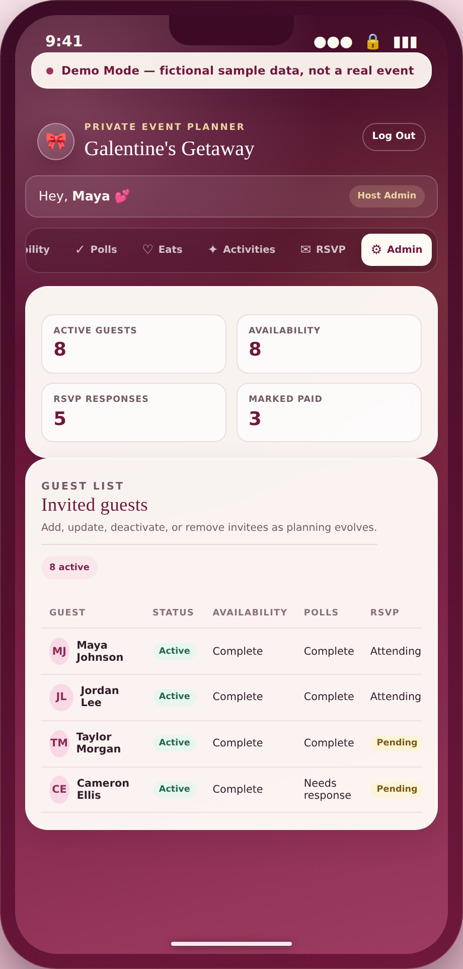 Phone-frame screenshot of the private host admin workspace showing fictional response statistics and a fictional guest list with completion statuses.
