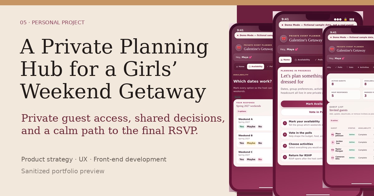Editorial preview of the private girls’ weekend planning app using sanitized phone screenshots and fictional guest information.