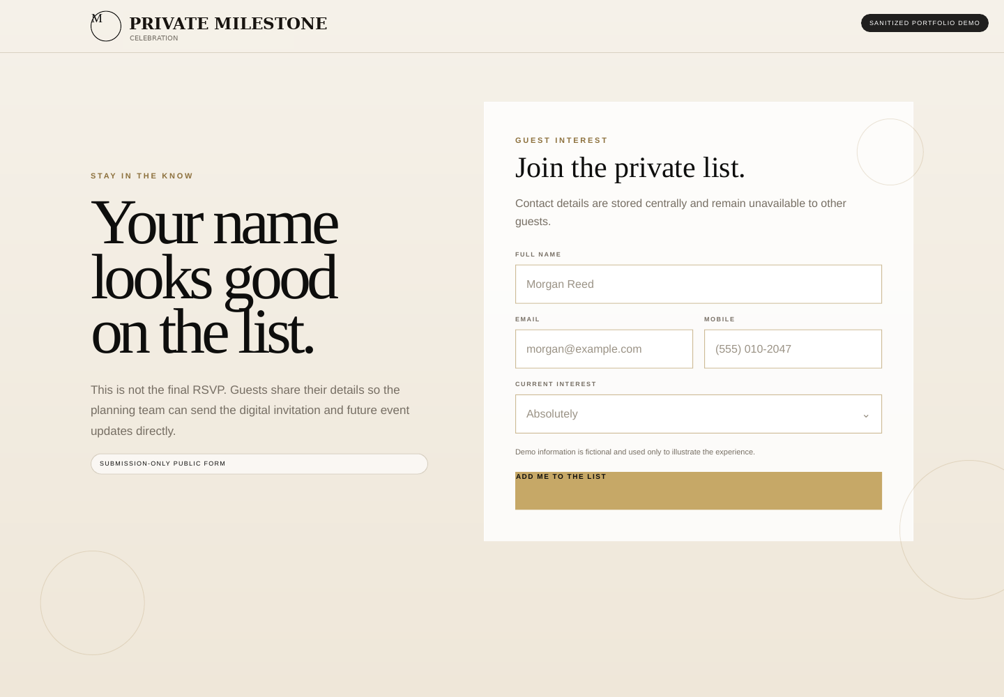 Sanitized guest-interest form containing fictional contact information.