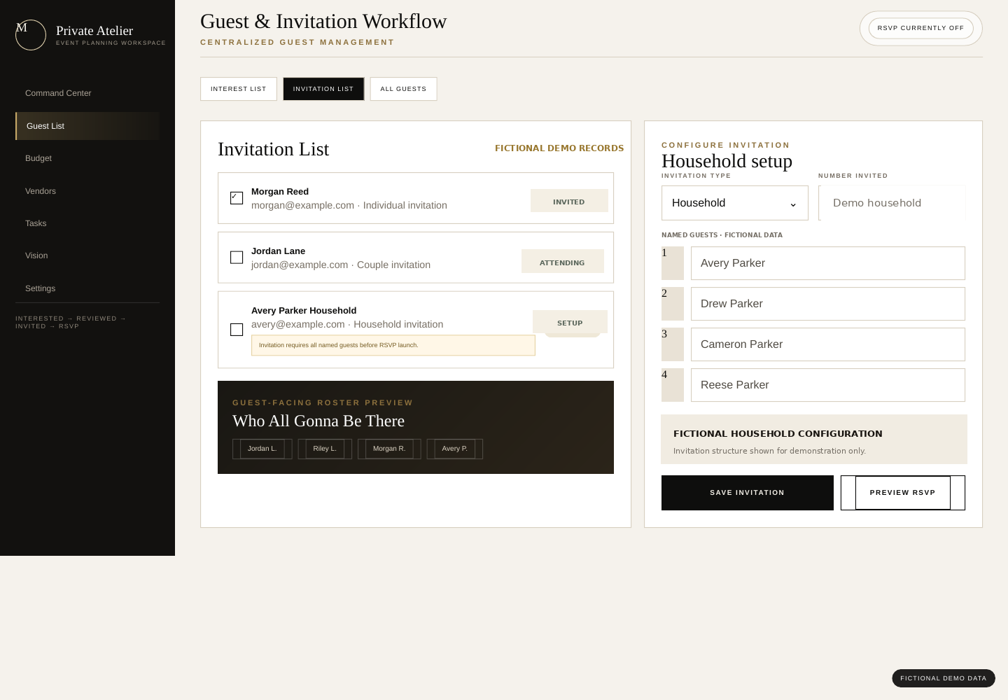 Sanitized invitation and RSVP workflow with fictional household data.