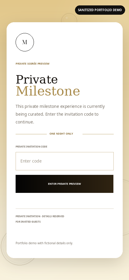 Sanitized mobile password entrance for a private event preview.
