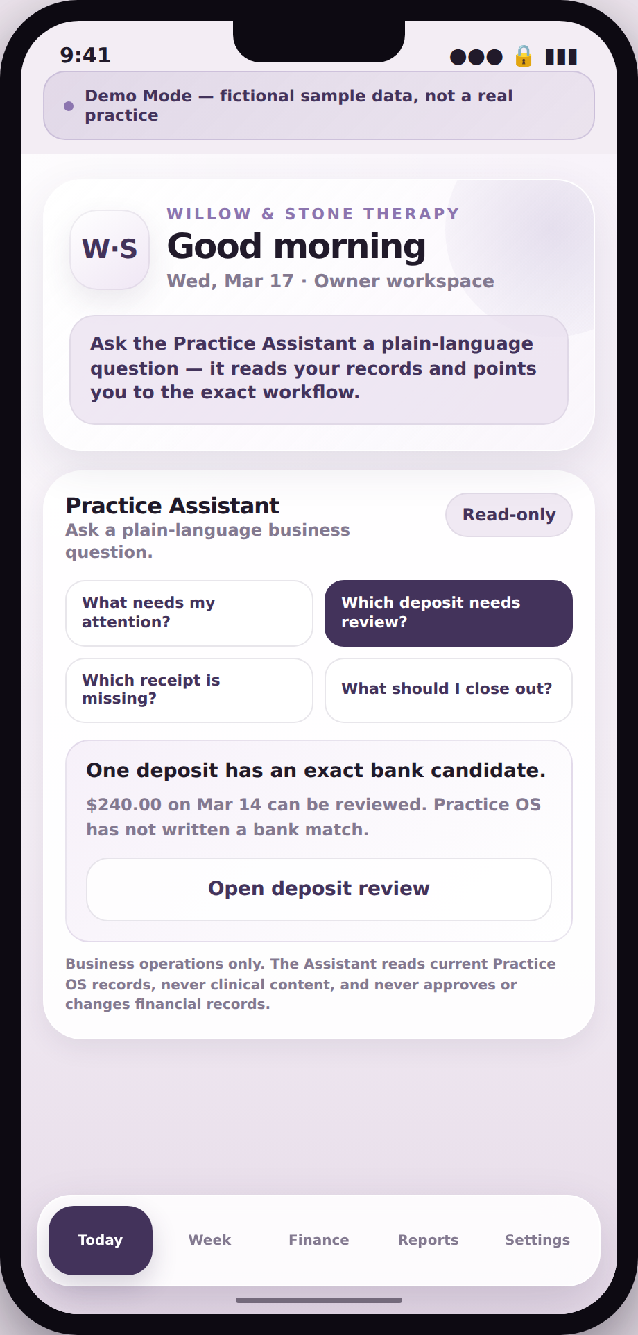 iPhone-frame screenshot of the Practice Assistant panel with four question buttons, a sample answer about a deposit with an exact bank candidate, an Open deposit review action button, and a note stating the Assistant is read-only and business-operations only.