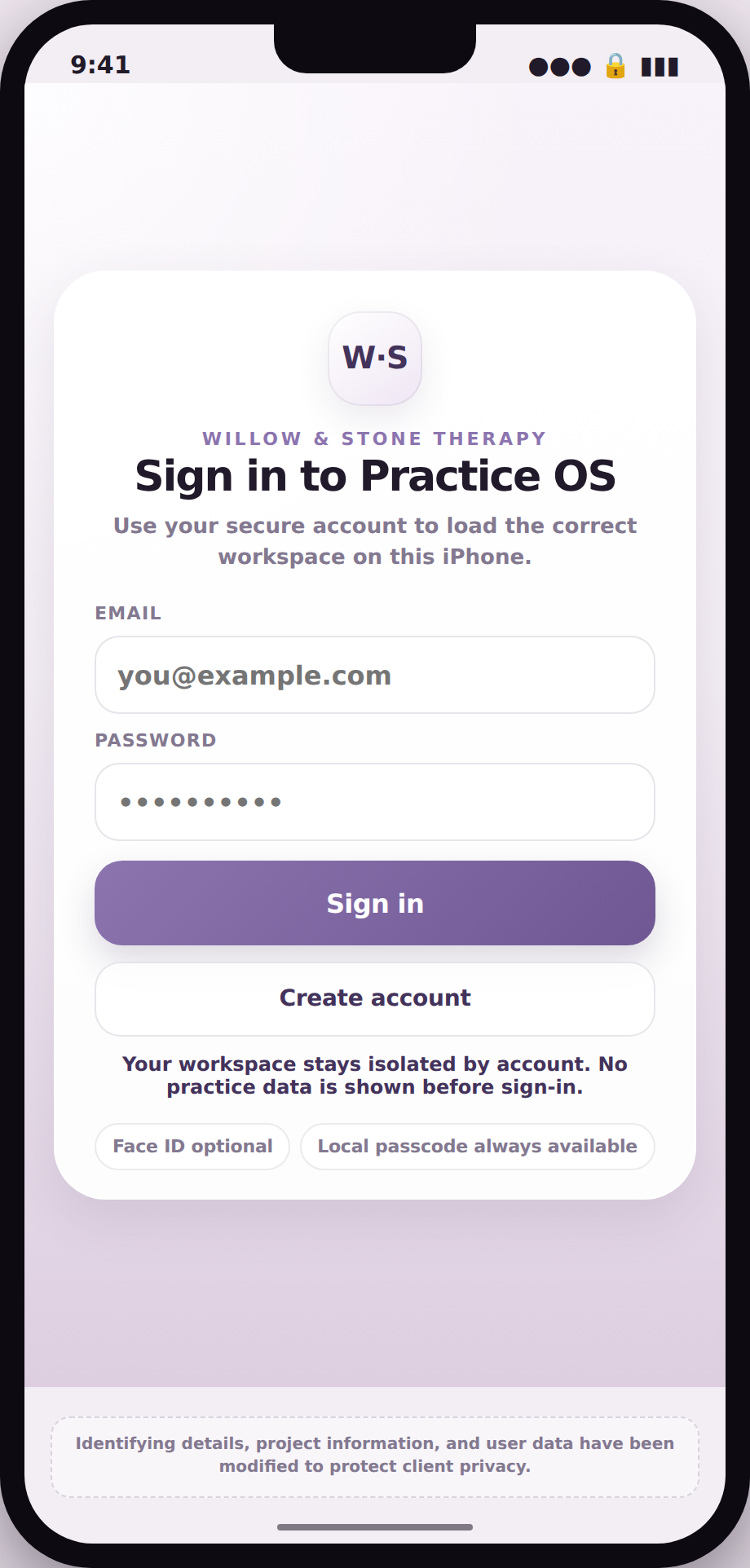 iPhone-frame screenshot of a sign-in screen with a monogram logo, the heading Sign in to Practice OS, email and password fields, a primary Sign In button, and chips indicating Face ID is optional and a local passcode is always available.