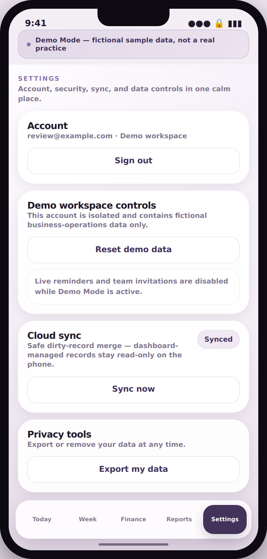 iPhone-frame screenshot of a screen titled Settings showing account information, a Demo Workspace Controls panel with a Reset Demo Data button, a Cloud Sync panel marked Synced, and a Privacy Tools panel with a data export option.