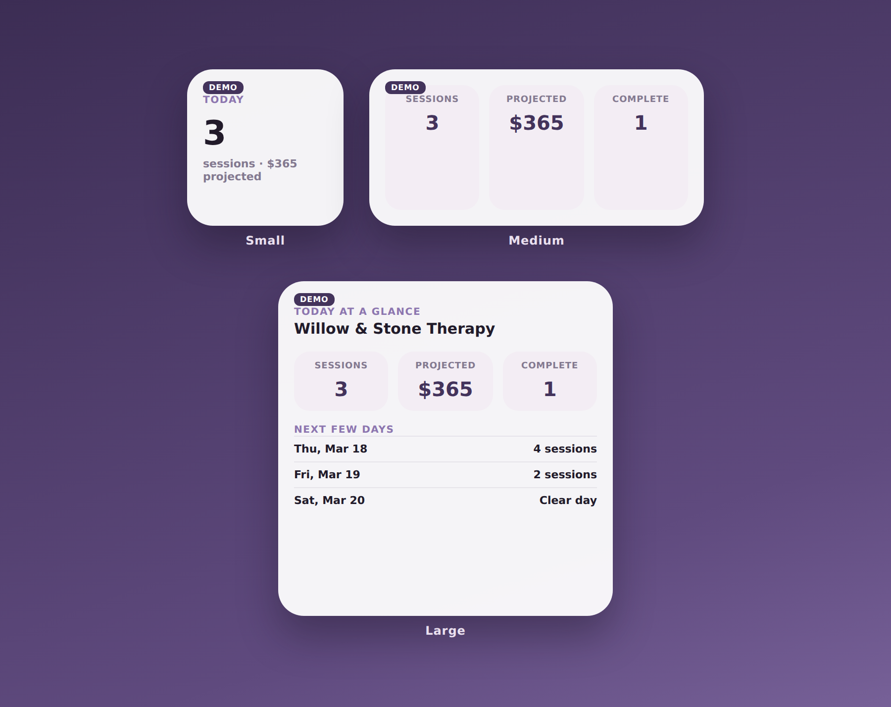 Three iOS home-screen widget mockups on a purple gradient background, labeled Small, Medium, and Large, each showing today’s session count and projected revenue, with a DEMO badge indicating sample data.
