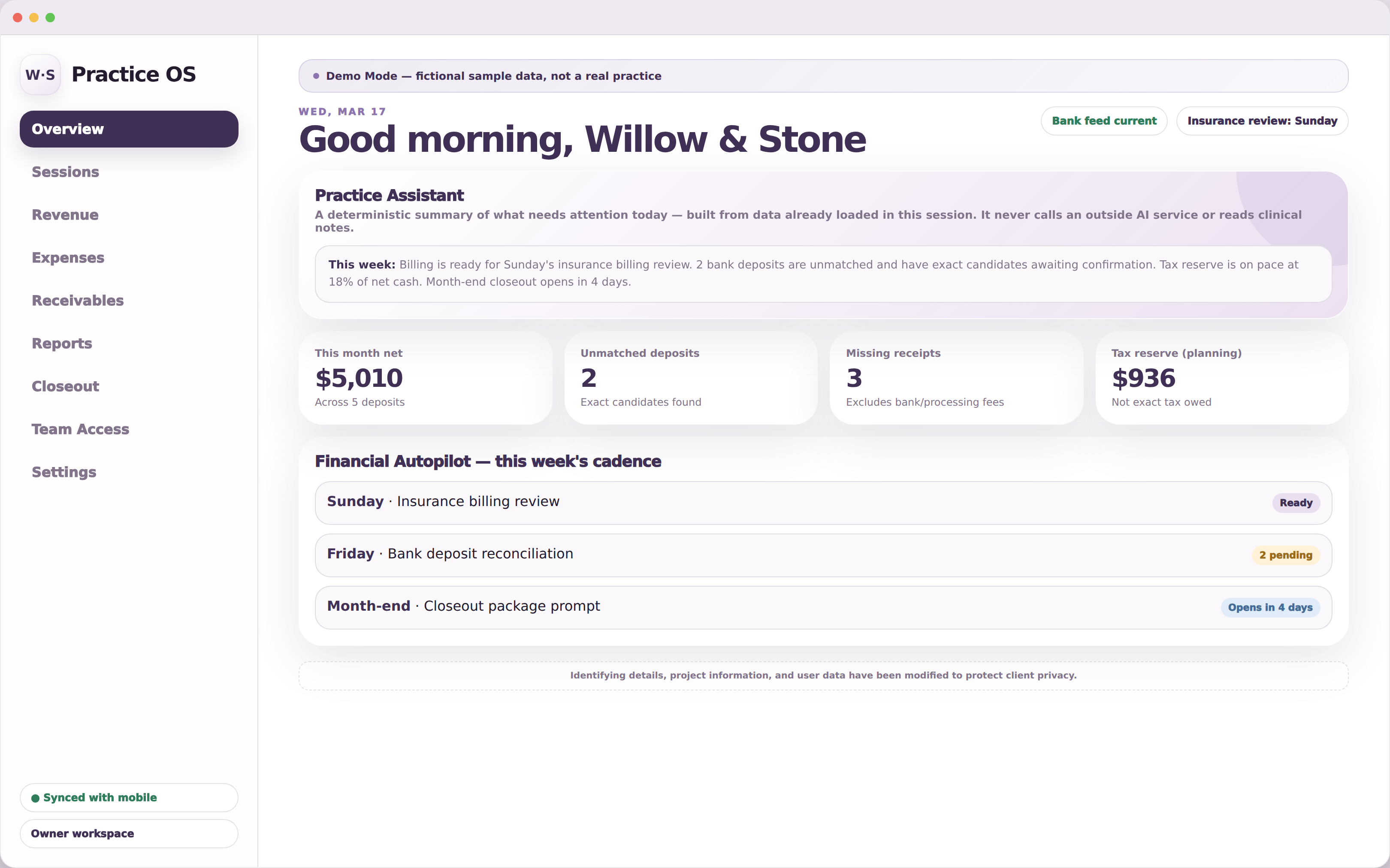 Desktop browser-window screenshot titled Good morning, Willow & Stone with a sidebar navigation, a Practice Assistant summary card describing weekly billing and reconciliation status, four stat tiles, and a Financial Autopilot cadence list showing Sunday, Friday, and month-end tasks.