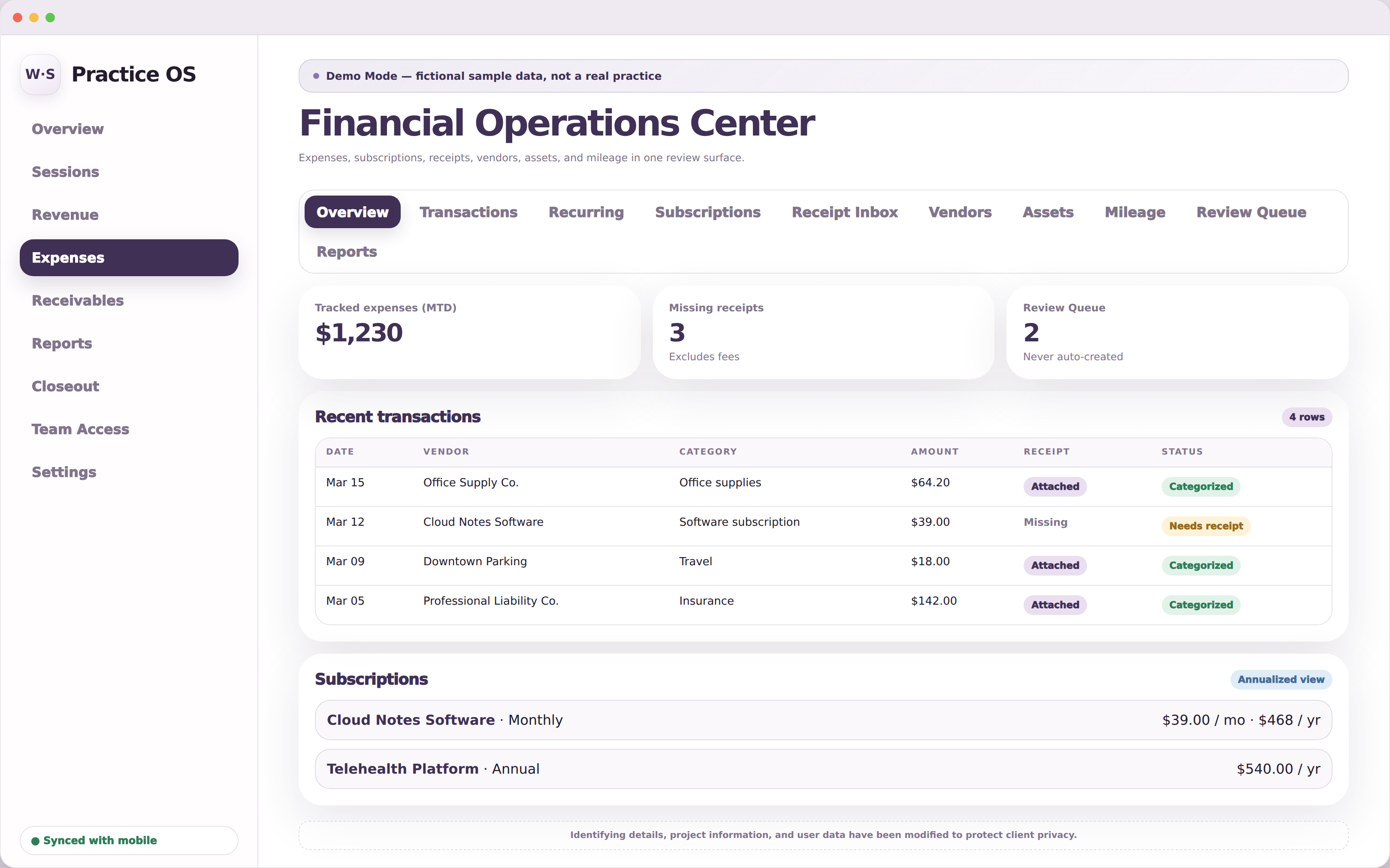 Desktop browser-window screenshot titled Financial Operations Center with a tab bar, three summary tiles, a transactions table with fictional vendors and receipt status, and a subscriptions list.
