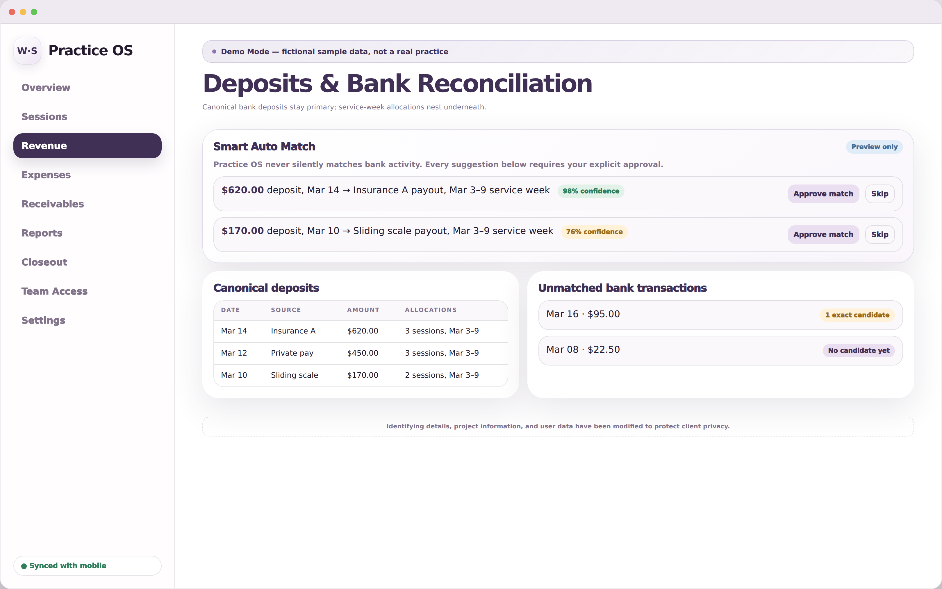 Desktop browser-window screenshot titled Deposits & Bank Reconciliation showing two Smart Auto Match suggestions with confidence percentages and Approve/Skip buttons, a table of canonical bank deposits with their session allocations, and a list of unmatched bank transactions.