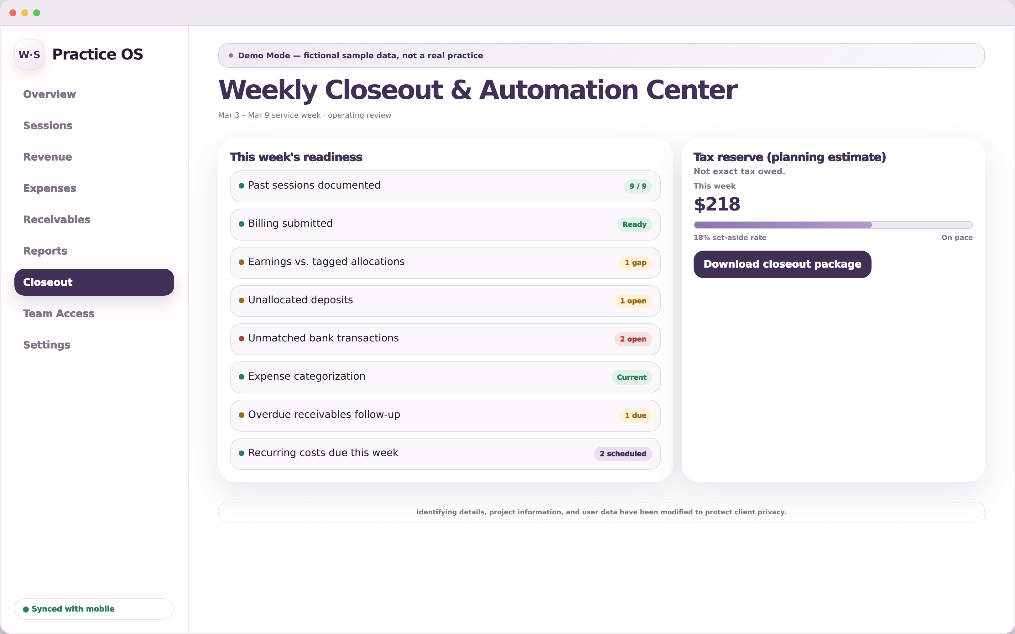 Desktop browser-window screenshot titled Weekly Closeout & Automation Center showing a readiness checklist with status badges, a tax reserve estimate card, and a Download Closeout Package button.