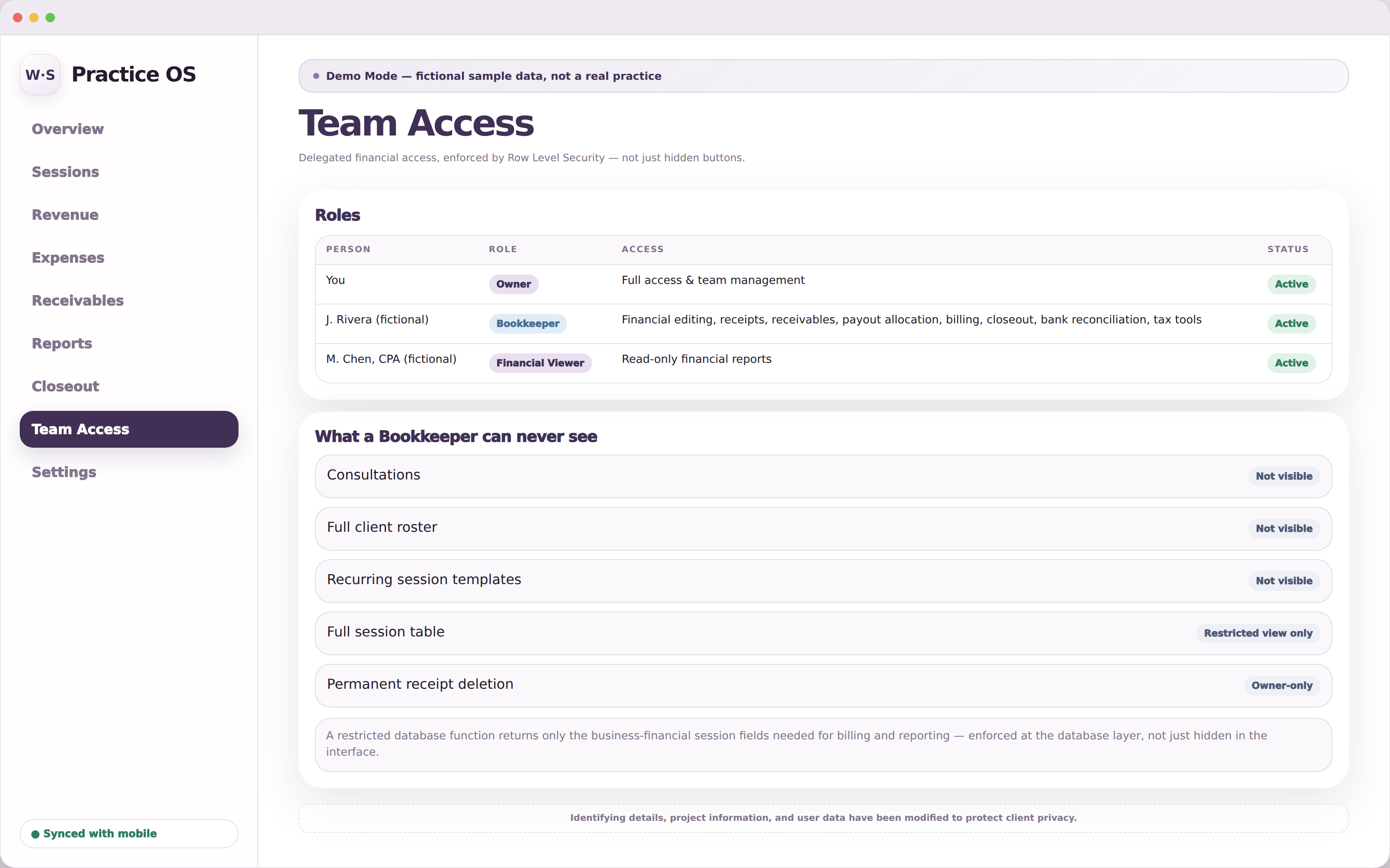 Desktop browser-window screenshot titled Team Access with a roles table showing fictional team members and their access levels, and a list of what a Bookkeeper role can never see, including consultations and the full client roster.