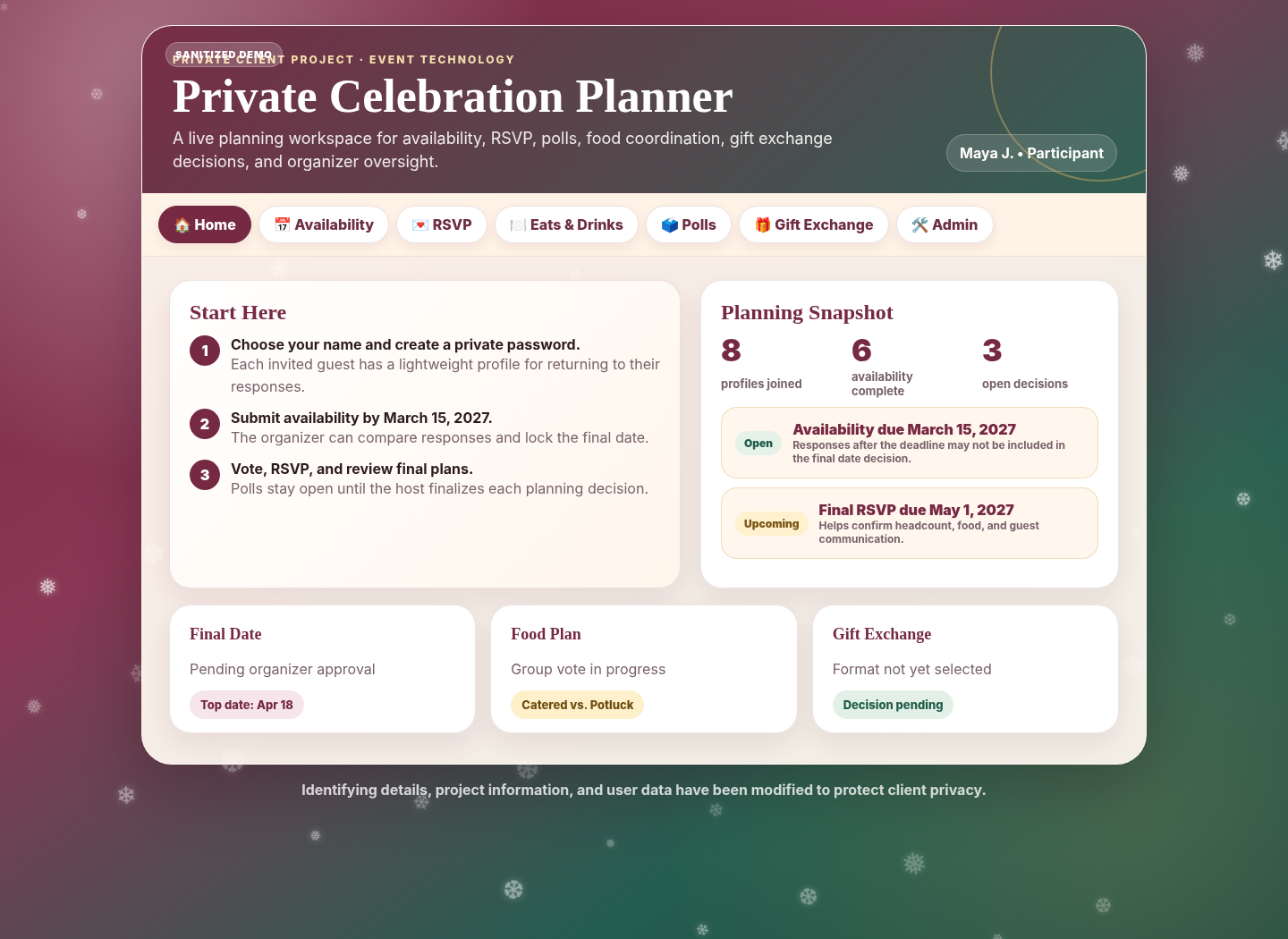 Desktop home screen for a private event planning web app showing Start Here guidance, deadlines, and planning snapshot cards.