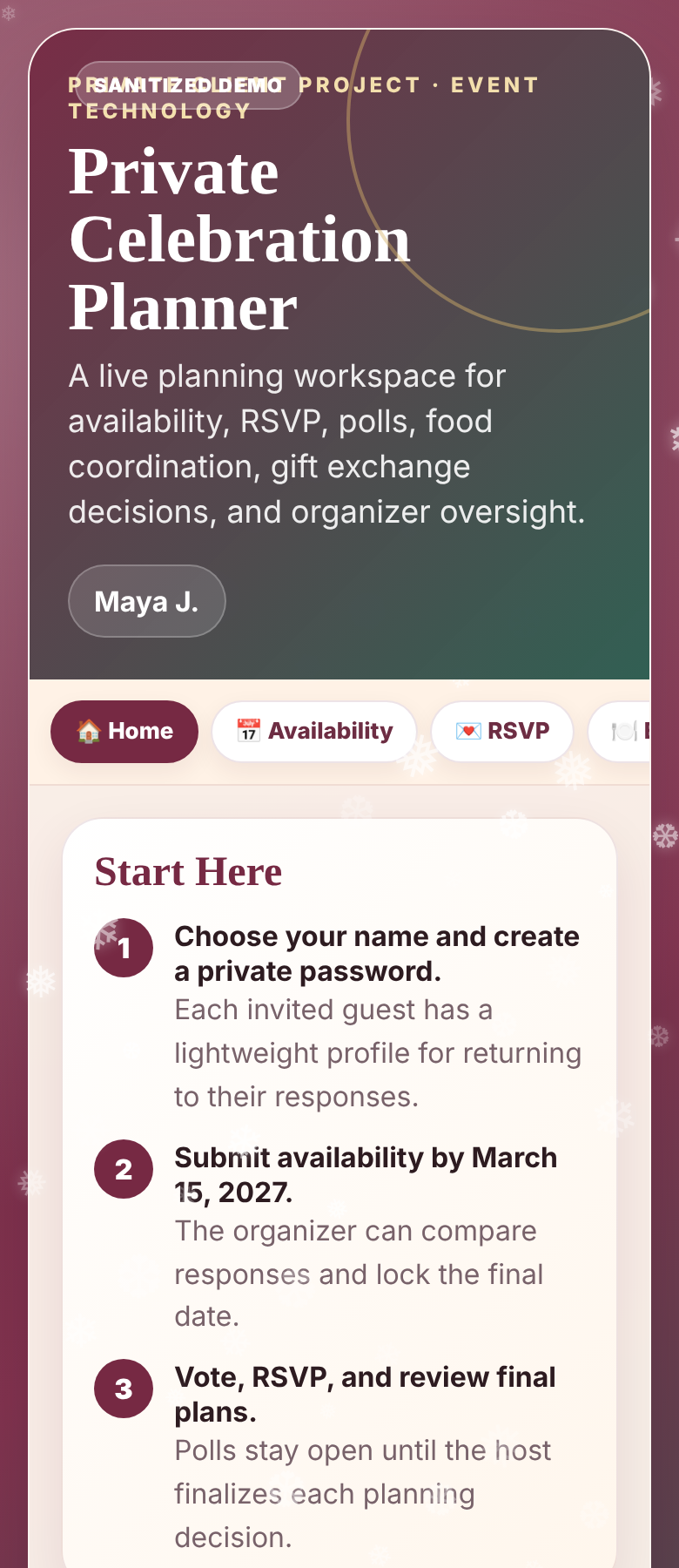 Mobile home screen for the event planning app with condensed navigation, start steps, and deadline cards.