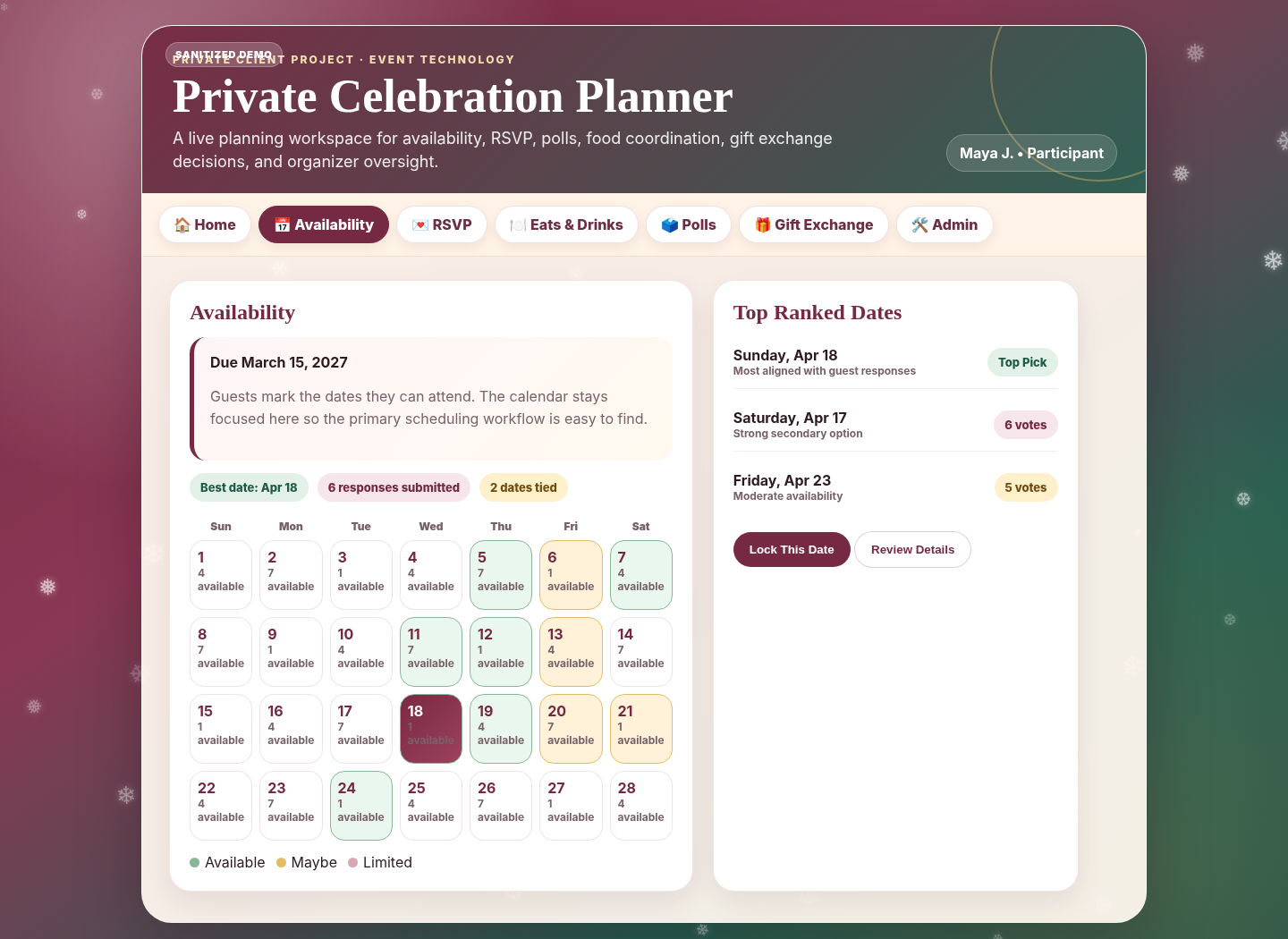 Availability tab showing a calendar, date ranking, and a lock date button for the organizer workflow.