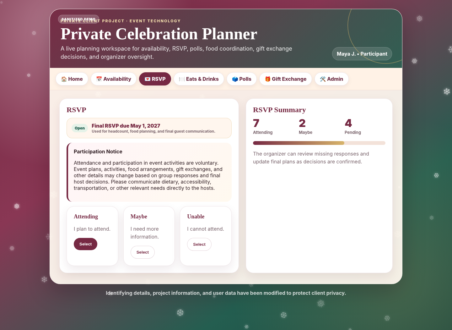 RSVP screen showing attendance options, final RSVP deadline, and a participation notice.