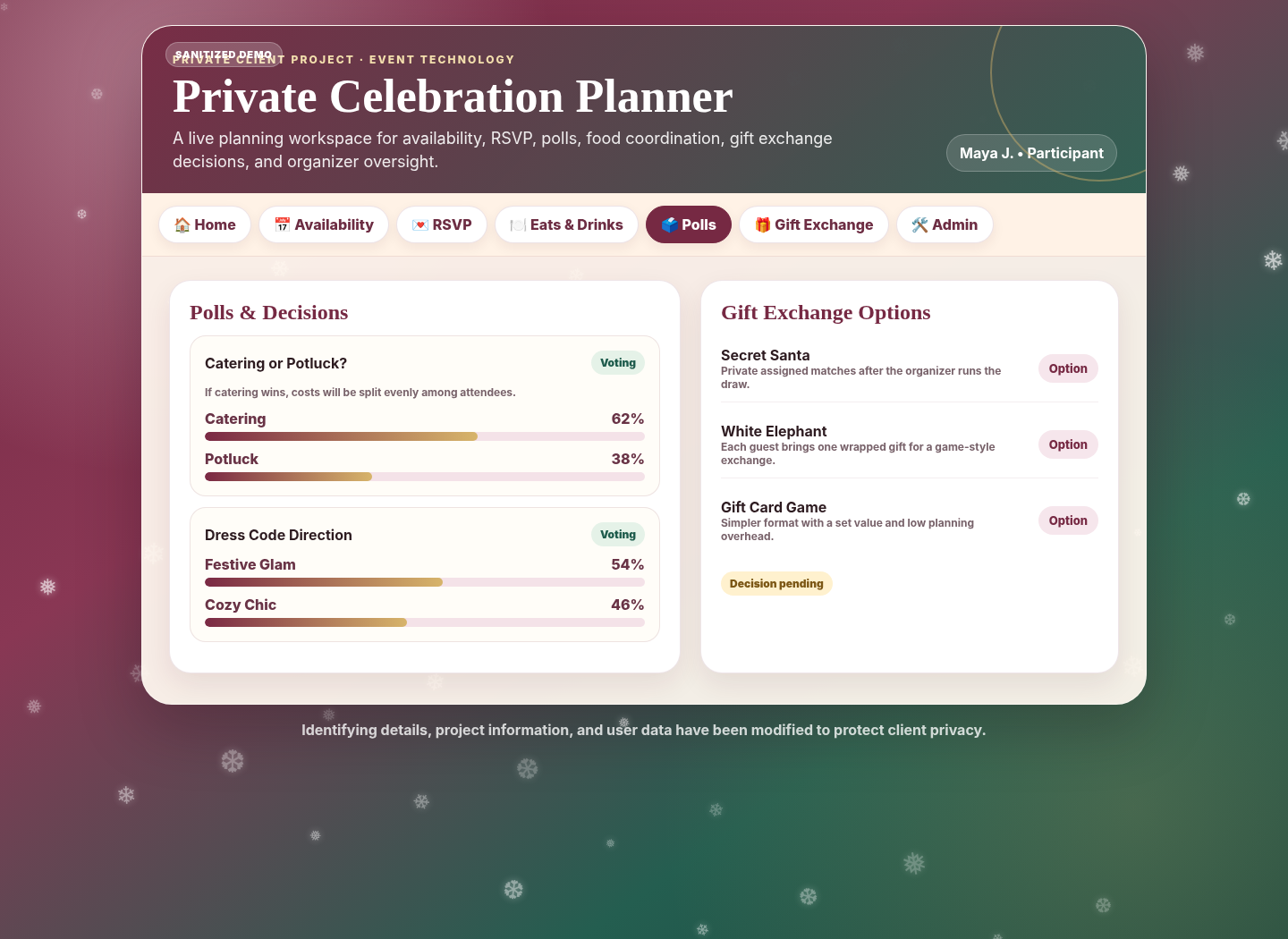 Polls and gift exchange screen showing fictional voting results and pending gift-exchange format options.
