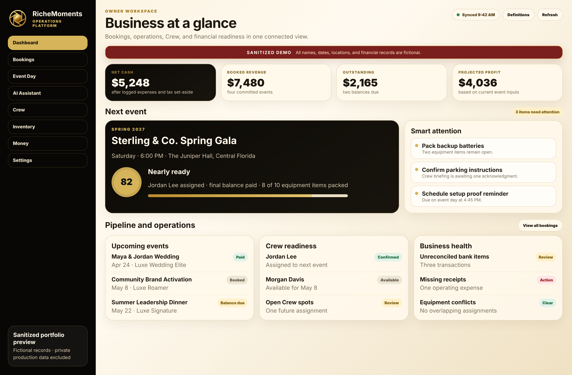 Sanitized RicheMoments owner dashboard showing fictional business health, booking pipeline, next-event readiness, Crew status, payments, expenses, and event activity.