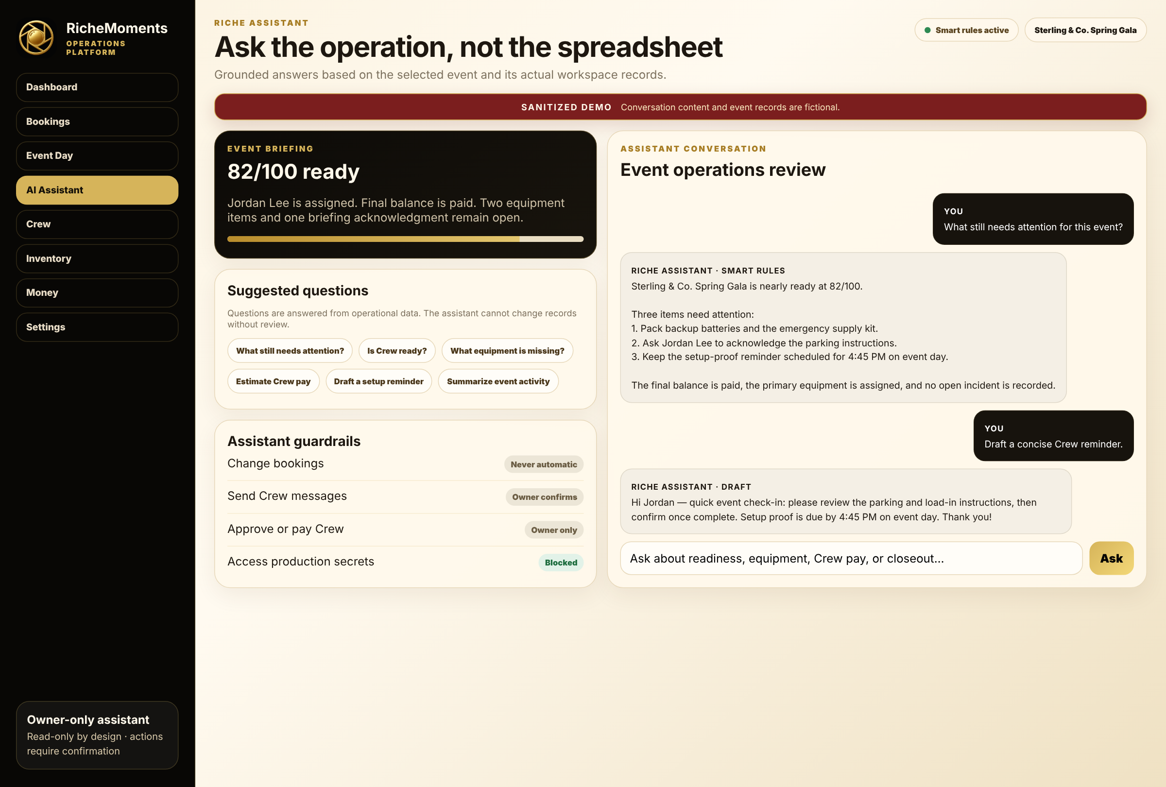 Sanitized owner-only Riche Assistant showing fictional event operations questions, grounded answers, suggested actions, and privacy boundaries.