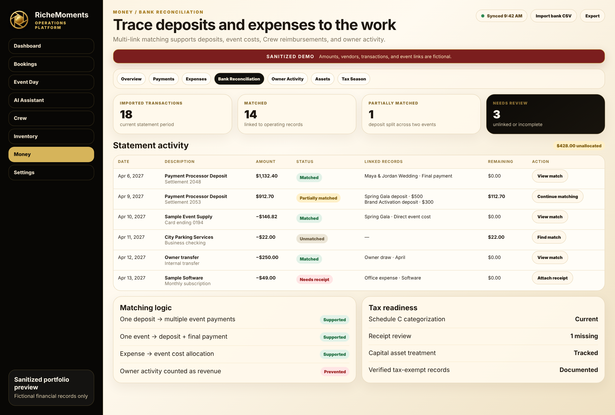 Sanitized financial operations and bank reconciliation workspace using fictional bookings, expenses, transactions, receipts, and matching states.