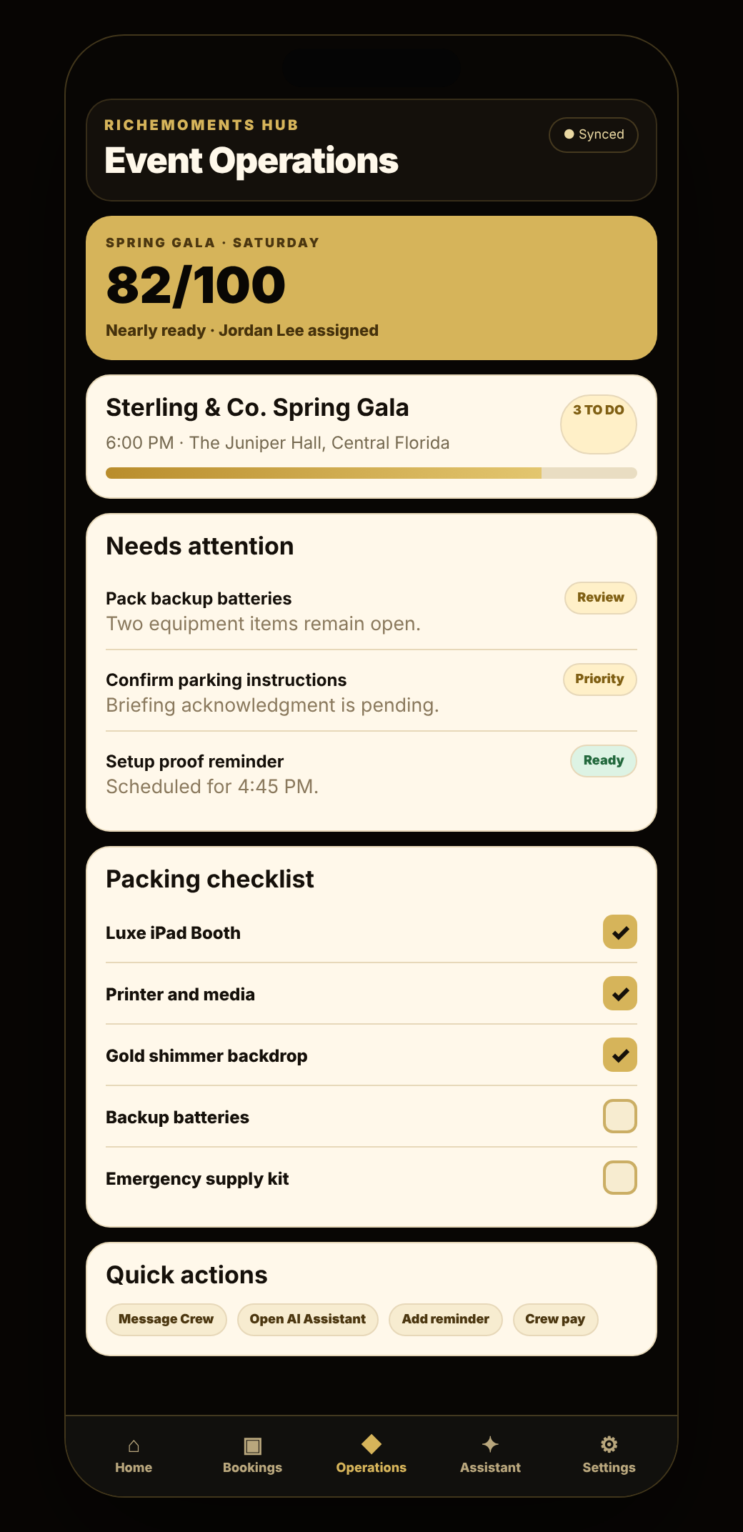 Sanitized Hub mobile app showing fictional next-event readiness, Crew status, balance, equipment progress, and owner actions.
